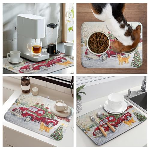 Christma Red Truck Dish Drying Mat Winter Dog Large Kitchen Mats Dish Drying Pad Xmas Tree Vintage Absorbent Dish Dryer Mat for Kitchen Countertops Microfiber Drainer Pad Dish Drying Mats