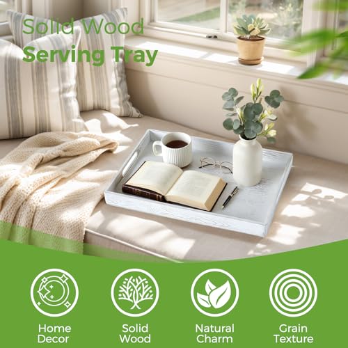 Rustic White Wood Serving Tray with Handles 17 Inch Wooden Tray for Ottoman