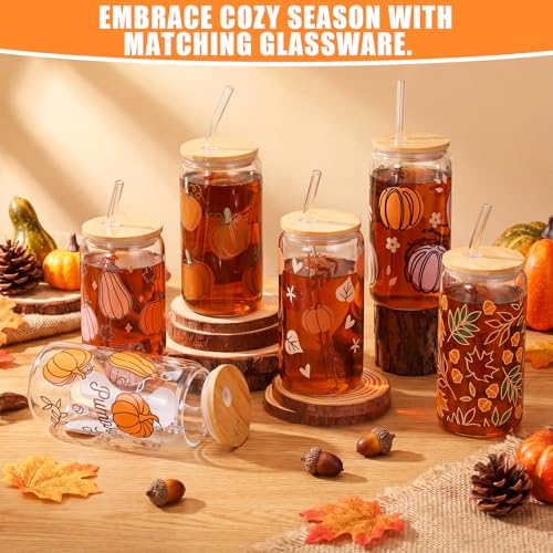 12 Pcs Fall Glass Cups with Lids and Straws 16 oz Autumn Pumpkin Leaves Coffee Tumblers Cozy Fall Drinking Cups Aesthetic Thanksgiving Gifts Bulk for Women Her Adults Party Favors (12 Count)