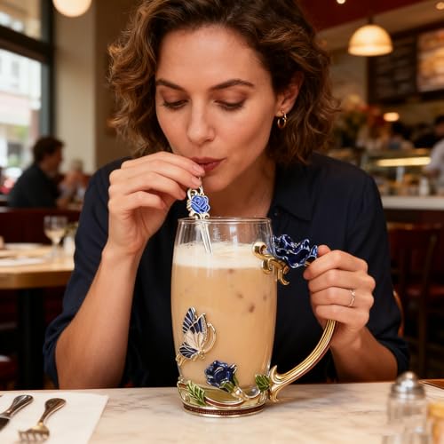 Gifts for Mom Women Unique Blue Tea Mug With Spoon Set & Flower Decoration
