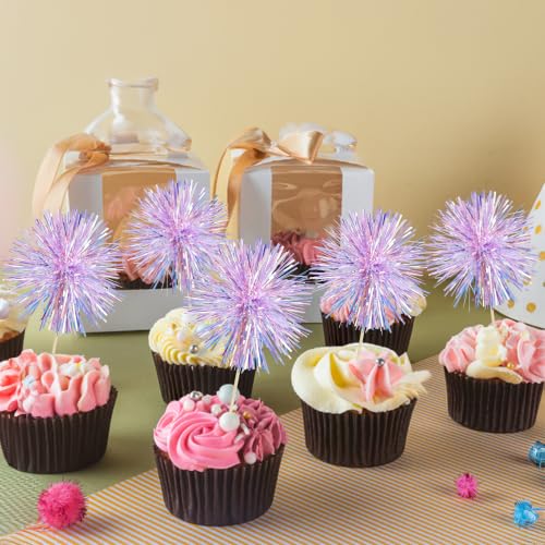 30Pcs Foil Firework Cupcake Toppers Party Birthday Cake Toppers Supplies Sparkle Tinsel Cocktail Fruit Toothpick for Birthday Wedding Graduation Party Purple (30 Count)
