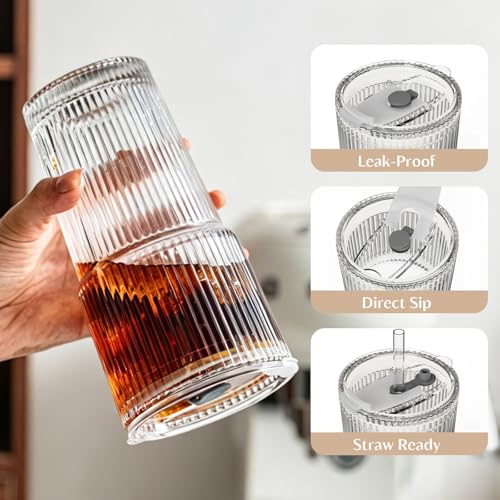 20 oz Ribbed Glass Tumblers with Lids and Glass Straws