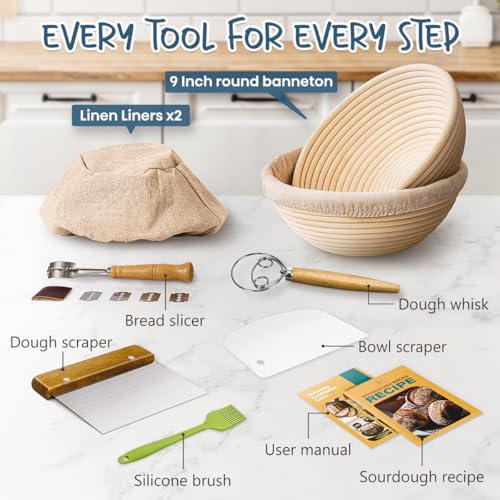 Sourdough Starter Kit with 2 Round Banneton Bread Proofing Baskets (2 Count)