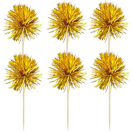 30Pcs Foil Firework Cupcake Toppers Sparkle Tinsel Cake Toppers Tinsel Drink Cake Decoration Cocktail Picks for Birthday Wedding Graduation Party Supplies Dark Gold (30 Count)