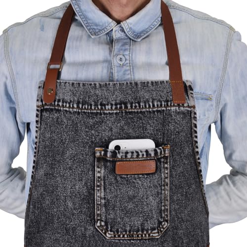 Black Denim Grill Apron with Pockets & Towel Loop for Men Women