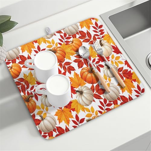 Fall Pumpkin Dish Drying Mat for Kitchen Counter 16x18 Inch Autumn Pumpkins Maple Leaves Drying Mats Thanksgiving Absorbent Reversible Dish Pad Fast Dry Drainer Mat Protector for Countertop Coffee Bar