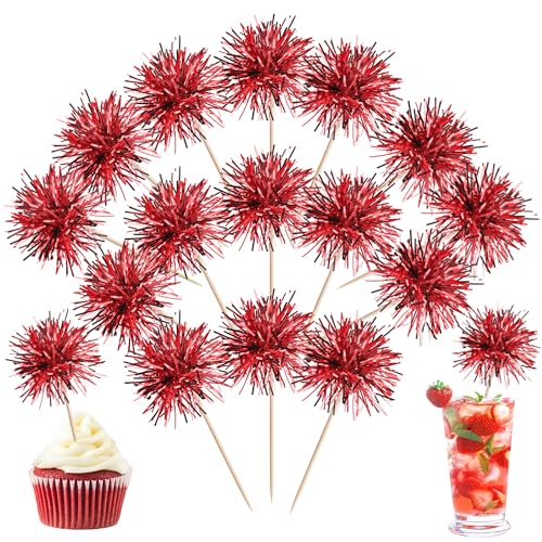 40 PCS Foil Firework Cupcake Toppers Sparkle Tinsel Cupcakae Picks Sparkler Fireworks Party Decorations Cocktail Fruit Toothpick for Birthday Wedding Graduation Party Decorations Supplies Red (40 Count)