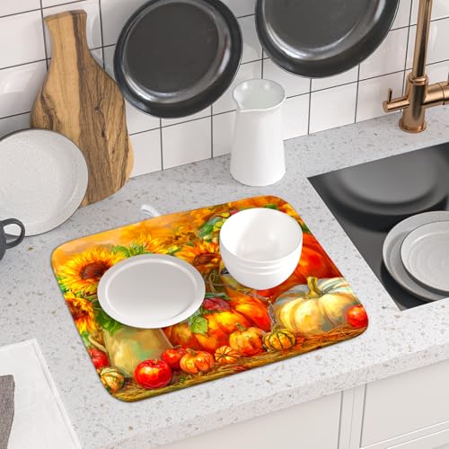 Vintage Fall Autumn Dish Drying Mat 16"x18" Small Rustic Pumpkin Sunflower Bird Dish Drainer Mats Thanksgiving Farmhouse Reversible Dish Drying Pad for Kitchen Countertop Dining Room