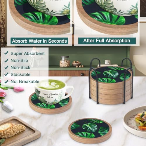 6 Pack Absorbent Coasters Set with Holder Wood Coasters for Drinks Housewarming Gifts for Home Decoration Cup Coasters for Coffee Tabletop Protection 4.3 Inch