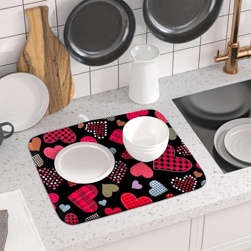 Happy Valentine's Day Black Dish Drying Mat for Kitchen Counter