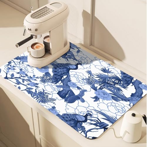 Blue Peacocks Birds Dish Drying Mat for Kitchen Counter