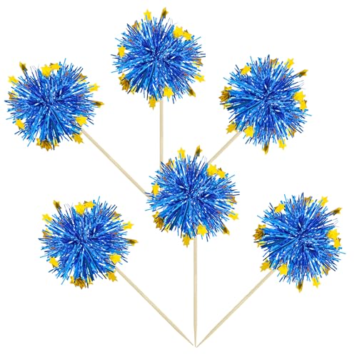 30Pcs Foil Firework Cupcake Toppers Firework Cake Toppers Tinsel Flower Drink Stirrers Cocktail Food Fruit Toothpicks for Valentine's Day Party Decorations Blue (30 Count)