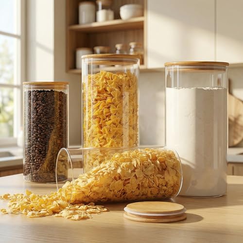 Large Glass Storage Containers with Bamboo Lids for Flour & Sugar (4 Count)