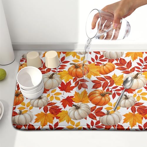 Fall Pumpkin Dish Drying Mat for Kitchen Counter 16x18 Inch Autumn Pumpkins Maple Leaves Drying Mats Thanksgiving Absorbent Reversible Dish Pad Fast Dry Drainer Mat Protector for Countertop Coffee Bar