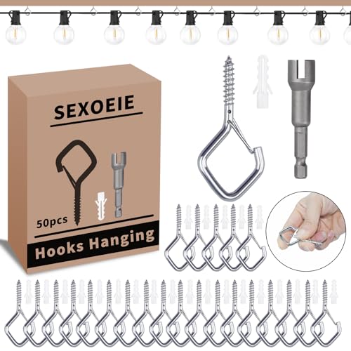 50 PCS Sliver Eye Screw Hooks for Hanging Heavy Duty with Safety Buckle.Metal Ceiling Hooks for Hanging Plants Cup Wind Chime Bird Feeders Patio Lights At Indoor&Outdoor (50 Count)