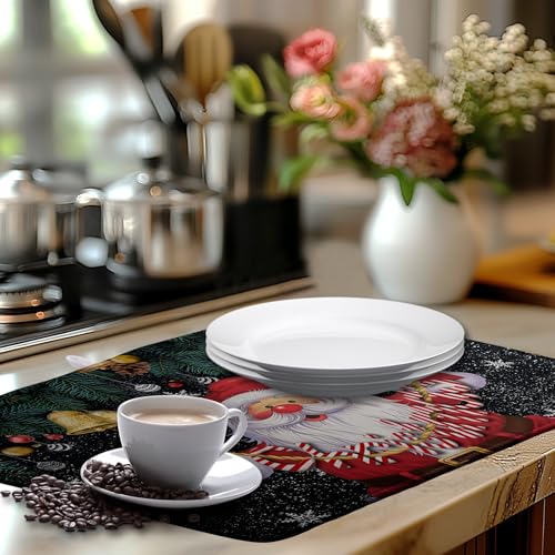 Christmas Santa Claus Dish Drying Mat Winter Drying Dish Mat for Kitchen Countertops Xmas Dish Dryer Mat Microfiber Dishes Drainer Pad Dish Drying Pad