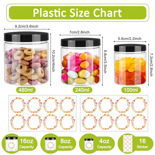 12pcs Plastic Jars with Lids 16 oz & 8 oz & 4 oz