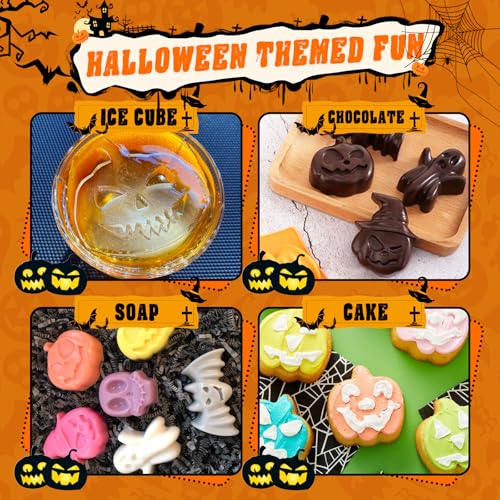 Halloween Silicone Molds Set 19 Shapes Large Baking Molds Pack of 4 Including Pumpkin Skull Ghost Bat Hat Spider Web House Molds (4 Count)