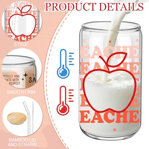 12 Sets Back to School Teacher Gifts Teacher Appreciation Glass Cups with Bamboo Lids and Straws 16oz Can Shaped Glass Tumbler for Women Cute Iced Coffee Glasses End of Year Gift Set (12 Count)