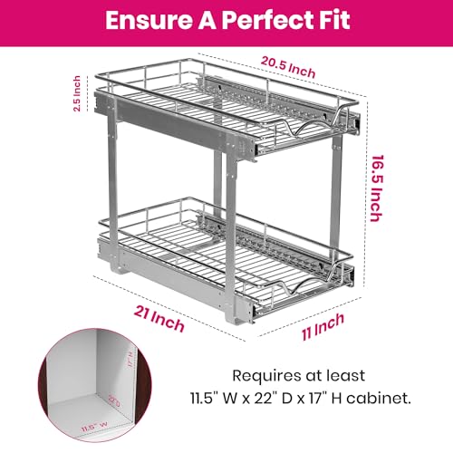 2-Tier Pull-Out Cabinet Organizer for Kitchen, 11" W x 21”D x 16.5" H
