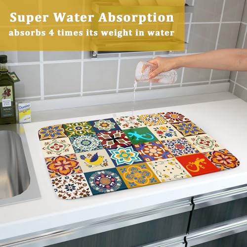 Mexican Tile Dish Drying Mat 18"x24" Talavera Boho Floral Print Dish Drainer Mats Rustic Ethnic Traditional Reversible Large Dish Drying Pad Protector for Kitchen Countertop Decor