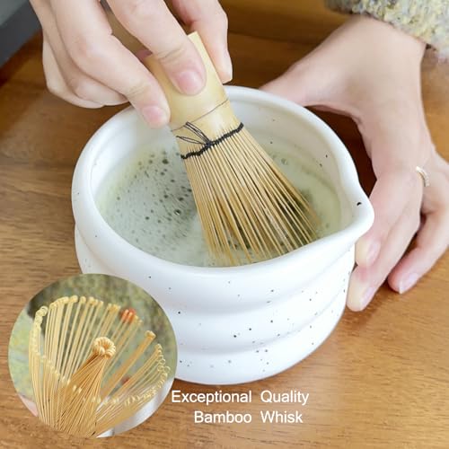 7 piece matcha kit includes matcha bowl. white speckled matcha tea set with bamboo whisk (7 Count)