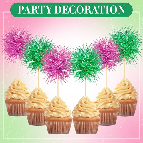 100 Pcs Pink and Green Foil Firework Witch Cupcake Toppers Party Favors Sparkle Tinsel Cake Toppers Cake Decoration Cocktail Fruit Toothpick for Birthday Wedding Graduation Party