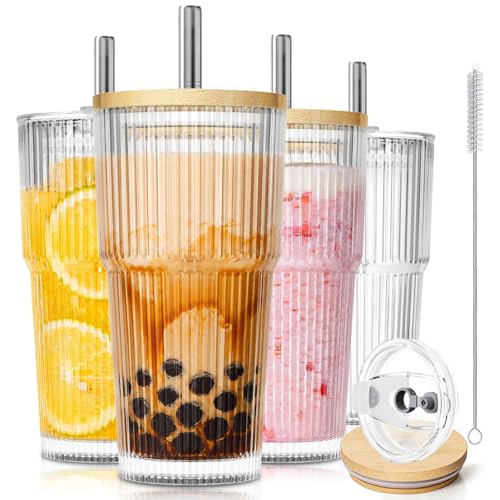 20oz Ribbed Glass Tumblers with Bamboo Lids & Straws