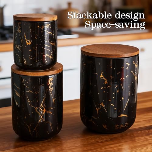 Black Marble Ceramic Canister with Bamboo Lid (3 Count)