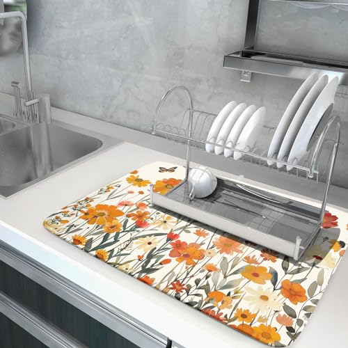 Fall Orange Wildflower Dish Drying Mat for Kitchen Counter