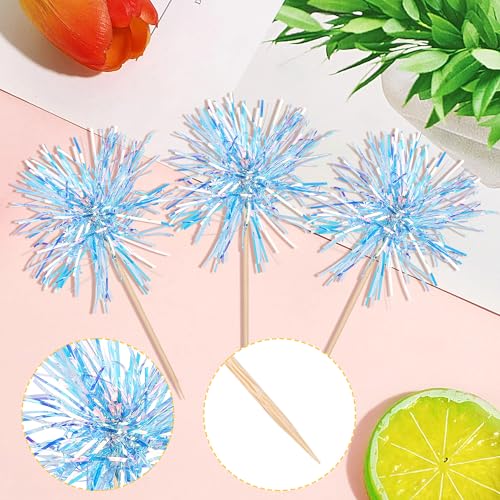 30 PCS Foil Firework Cupcake Toppers Happy Birthday Cupcake Toppers Sparkle Tinsel Flower Drink Stirrers Cocktail Fruit Toothpicks for Valentine's Day Baby Shower Party Cake Decor Supplies Blue (30 Count)