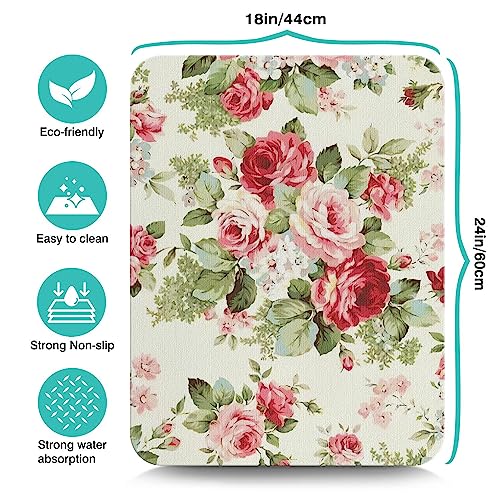 Rubber Dish Drying Mat for Kitchen Counter Large Red Roses Floral Washable Quick Home Coffee Pad Fit Under Sink