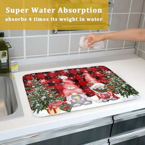 Winter Gnome Dish Drying Mat 18x24 inch Christmas Elf Trees Snowflakes Dish Drainer Mats Large Black Red Buffalo Plaids Fast Drying Dish Drying Pad for Kitchen Countertop Holiday Decor