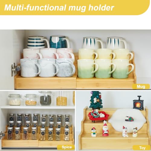 3 Tier Expandable Bamboo Mug Holder For Countertop Coffee Cup Holder Display Mug Organizer Mug Rack for Coffee Bar Organizer Mug Shelf for Cabinet for Kitchen (16 Ounce)