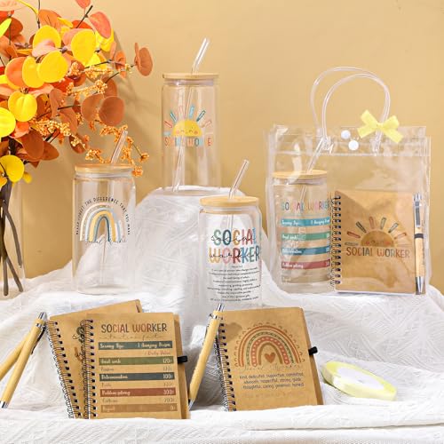 12 Pcs 4 Sets Social Worker Appreciation Week Gift Bulk Included 16oz Glass Coffee Cup with A6 Spiral Notebook Journal Pen for Graduation Gift for Bsw Msw Dsw Women Coworker Office Supplies (4 Count)