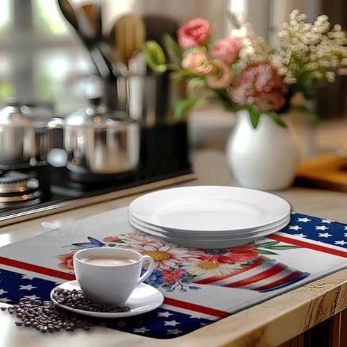 Patriotic Floral Summer Dish Drying Mats 4th of July Butterfly Flowers Dish Mat Kitchen Large Drying Matt Dishes Dryer Pad for Kitchen Counter Absorbent Microfiber Washable Foldable Reusable 18x24 in