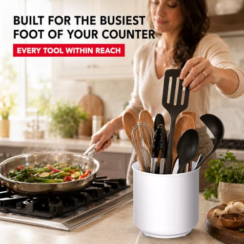 Jumbo XL Rotating White Plastic Utensil Holder Caddy with Sturdy No