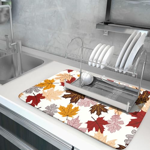 Maple Leaf Dish Drying Mat Large 18x24 inches Fall Autumn Colorful Leaves Dish Drainer Mats Thanksgiving Decorative Fast Drying Reversible Absorbent Dish Drying Pad for Kitchen Countertop