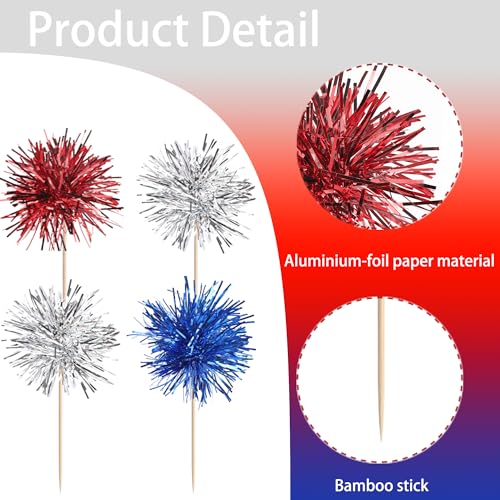 30 PCS Foil Firework Cupcake Toppers Sparkle Tinsel Cupcakae Picks 4th of July Decorations Cocktail Fruit Toothpick for Fireworks Theme Birthday Wedding Graduation Party Decor Supplies Blue Red Silver (30 Count)