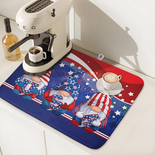 4th of July Dish Drying Mat 18x24 Inch Spring Summer Patrioti Gnome Memorial Kitchen Mats Independece Day Absorbent Dishes Pad for Kitchen Counter Usa Stars Drying Mat Home Decor Countertops