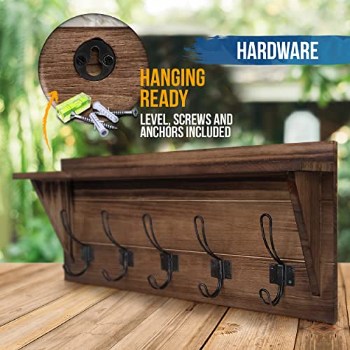 Rustic Brown Solid Wood Wall Mounted Coat Rack with Shelf