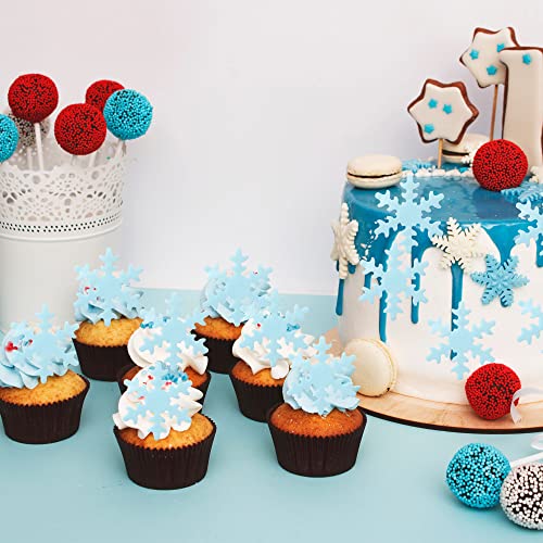 50Pcs Edible Snowflakes Blue Cupcake Cake Toppers Decoration for Chirstmas Winter Frozen Theme Party Supplies (50 Count)