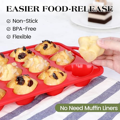 2 Pcs Heart Shaped Muffin Pan with Metal Reinforced Frame 12 Cup Nonstick Silicone Heart Cake Mold for Baking 2.5 Inch Cupcake Tray