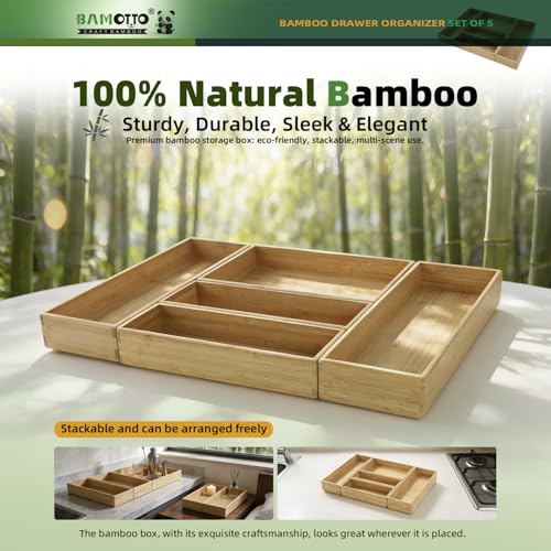 Stackable Bamboo Drawer Organizer Set of 5 for Kitchen (5 Count)