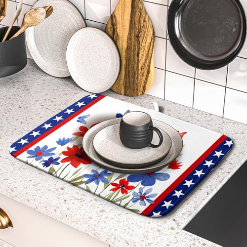 4th of July Flower Dish Drying Mat 16"x18" Independence Day Stars Dish Drainer Mats Watercolor Patriotic Floral Microfiber Dish Drying Rack Pad for Kitchen Countertop Decor