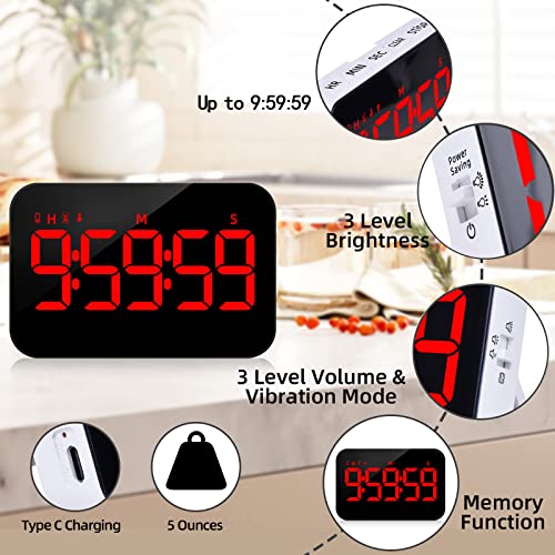 Digital Timer Kitchen Timer Count Down Up Rechargeable Kitchen Gadgets Vibration Mode Adjustable Volume and Brightness LED Display Time Management for Cook