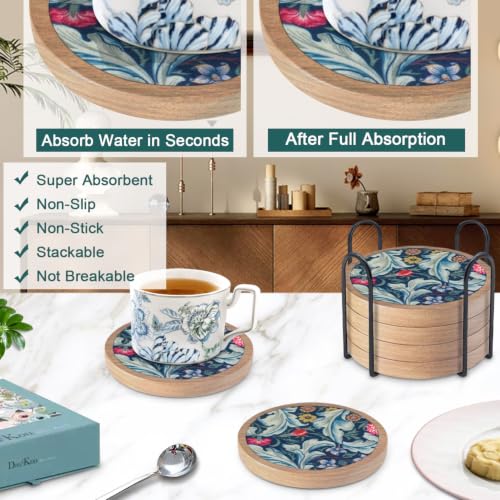 6 Pack Absorbent Coasters Set with Holder Wood Coasters for Drinks Housewarming Gifts for Home Decoration Cup Coasters for Coffee Tabletop Protection 4.3 Inch