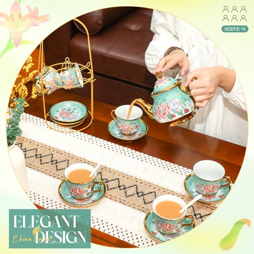 20 Pcs Adult Tea Party Set Porcelain with Metal Holder