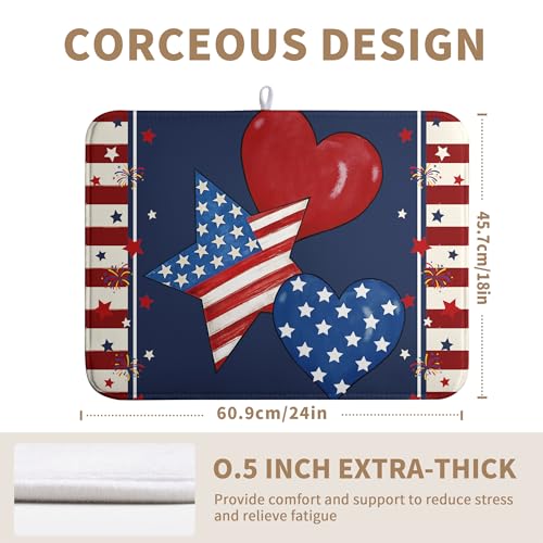 4th of July Star Dish Drying Mats Patriotic Hearts Dish Mat Blue Red Firework Drying Matt Dishes Dryer Pad for Kitchen Counter Absorbent Microfiber Washable Foldable Reusable 18x24 in