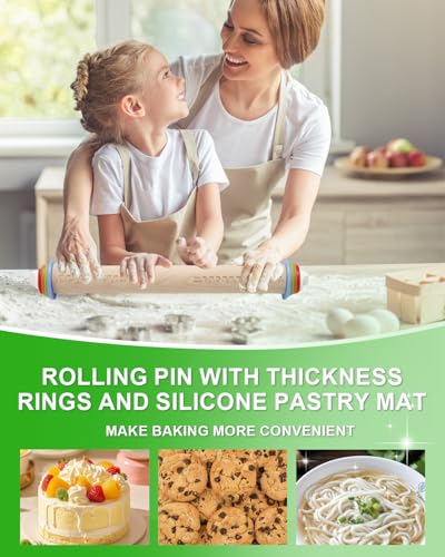 16.7" Wood Rolling Pin with Adjustable Thickness Rings Set (13 Count)